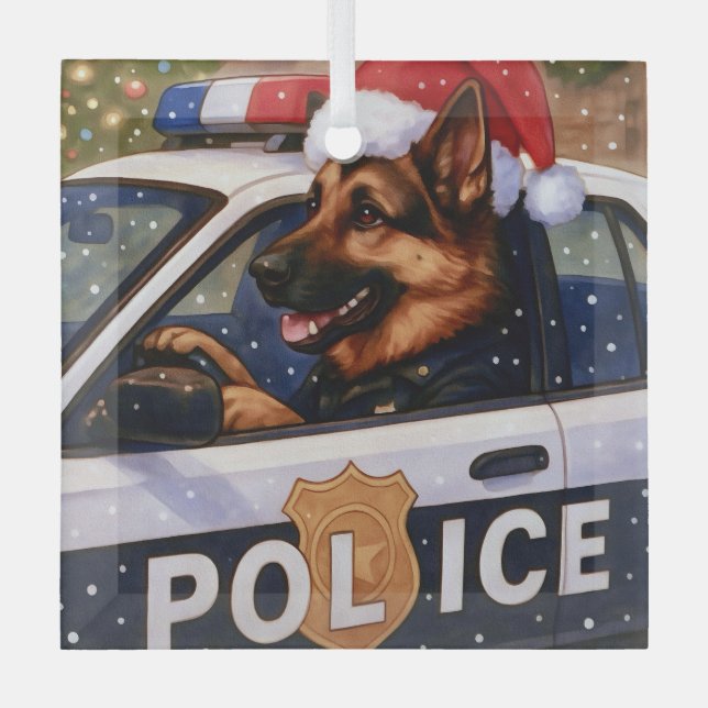 German Shepherd Police Holiday  Glass Ornament (Front)