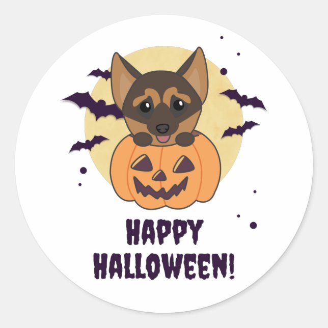 German Shepherd Pumpkin Dogs Happy Halloween Class Classic Round Sticker (Front)