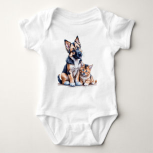 German Shepherd Puppy And Maincoon Kitten Baby Bodysuit