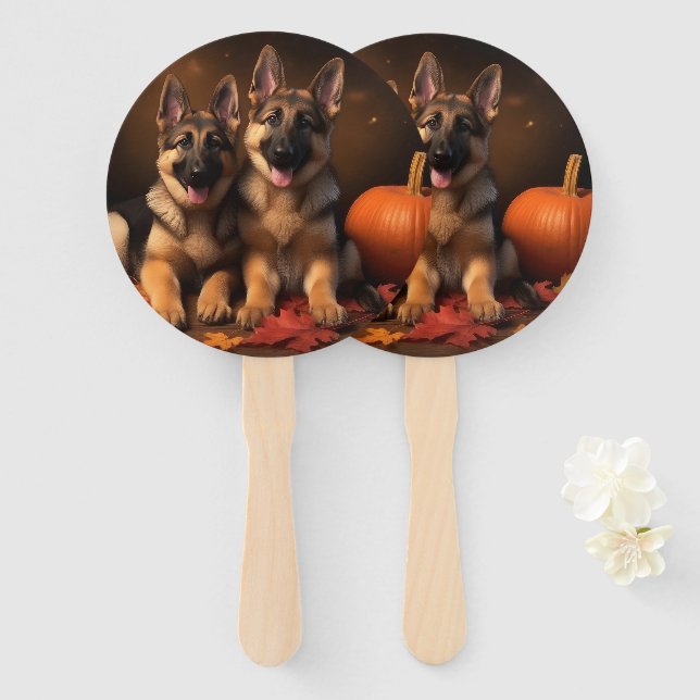 German Shepherd Puppy Autumn Delight Pumpkin  Hand Fan (Front and Back)