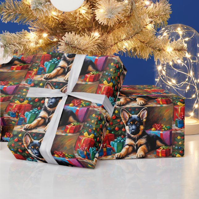German Shepherd Puppy, Christmas Tree, Presents  Wrapping Paper (Holidays)
