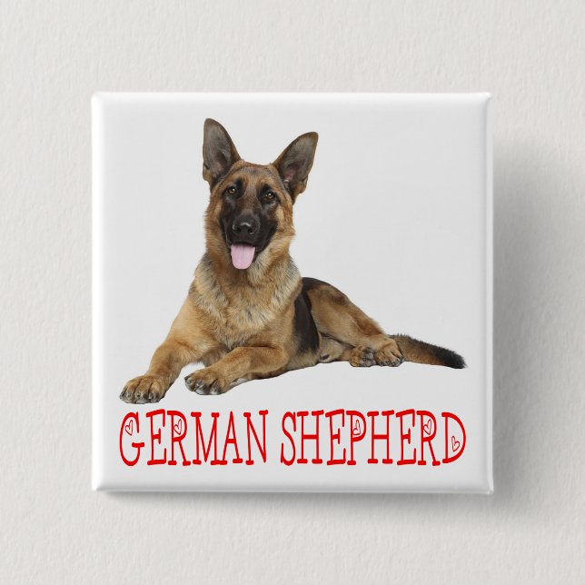 German Shepherd Puppy Dog Red Love Button Pin (Front)