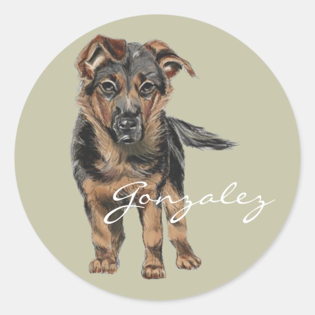 German Shepherd Puppy Drawing Classic Round Sticker (Front)