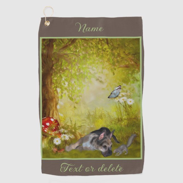 German Shepherd Puppy Fantasy Dog Art Personalized Golf Towel (Front)