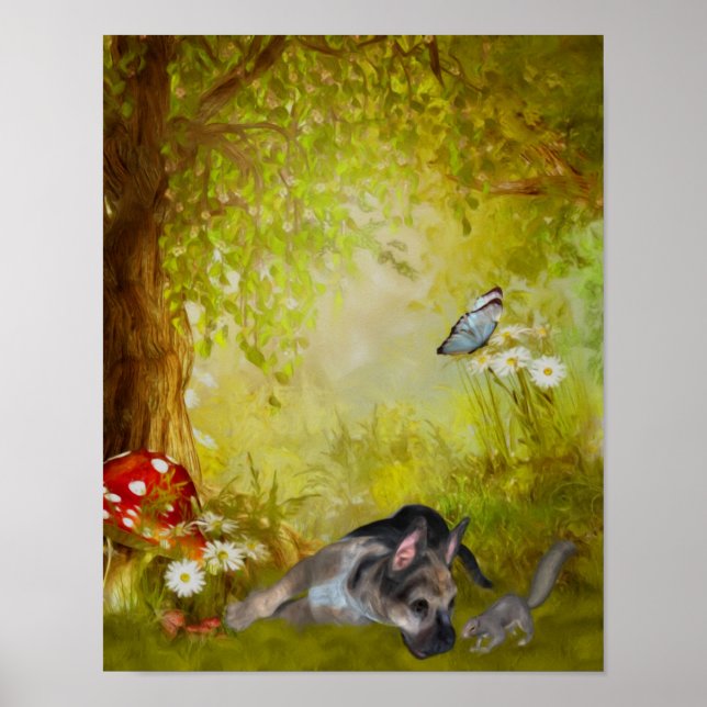 German Shepherd Puppy Fantasy Dog Art Poster (Front)
