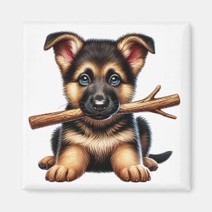 German Shepherd Puppy Holding a Stick in Its Mouth Magnet