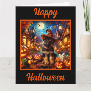 German Shepherd Puppy in a Halloween Village Card