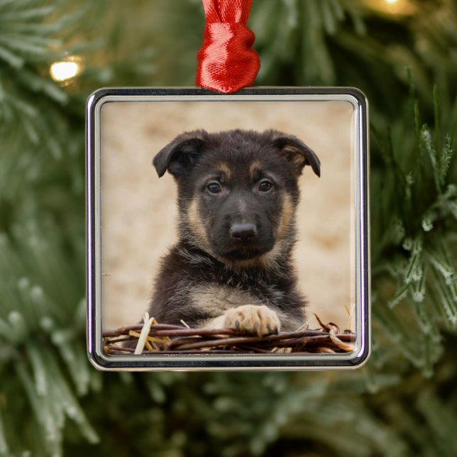 German Shepherd Puppy In Basket Metal Ornament (Tree)