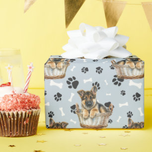 German Shepherd Puppy in Basket Paw Print  Wrapping Paper