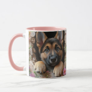 German Shepherd Puppy Mug with Floral Design - 