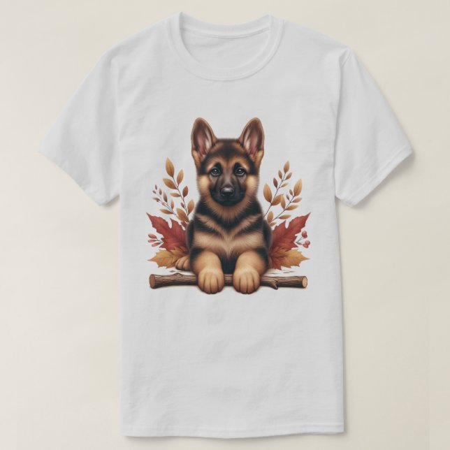 German Shepherd Puppy With Autumn Leaves T-Shirt (Design Front)