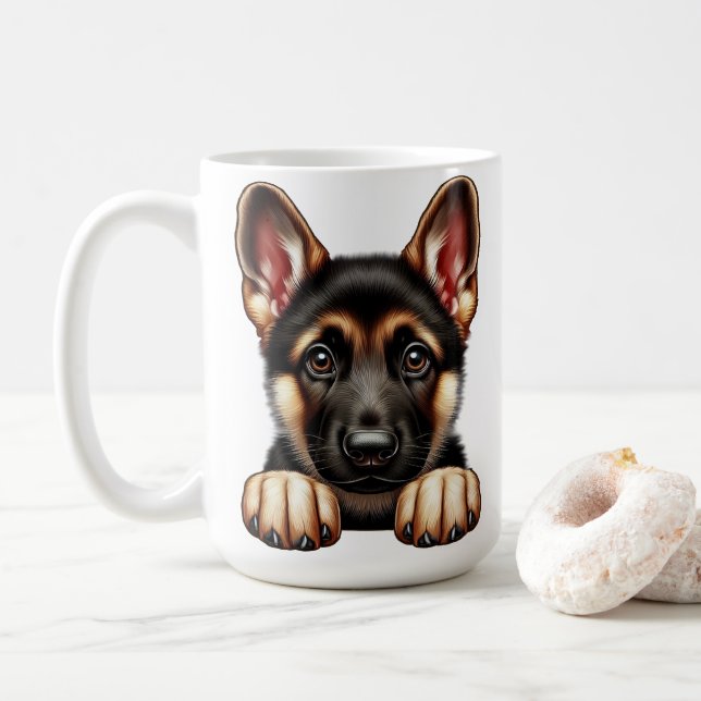 German Shepherd Puppy with Expressive Eyes  Coffee Mug (With Donut)