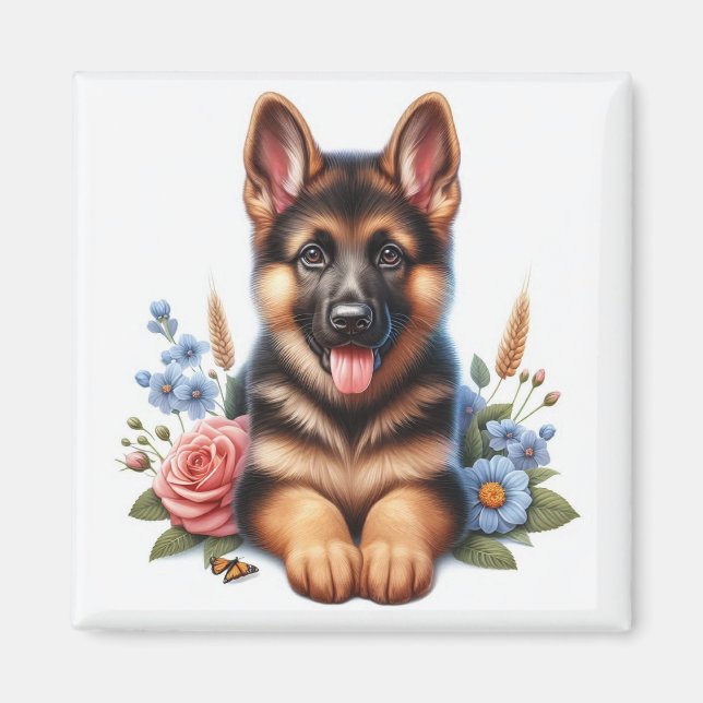 German Shepherd Puppy with Flowers Magnet (Front)