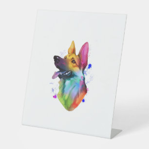 German Shepherd Rainbow Watercolor Paint Splatter  Pedestal Sign