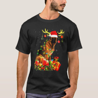 German Shepherd Reindeer Santa Hat Christmas Light T-Shirt