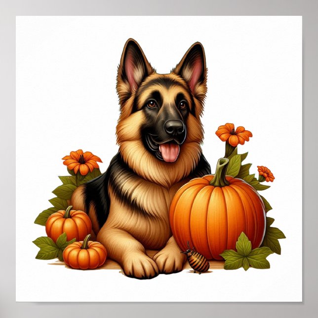 German Shepherd Resting With Pumpkins and Flowers Poster (Front)