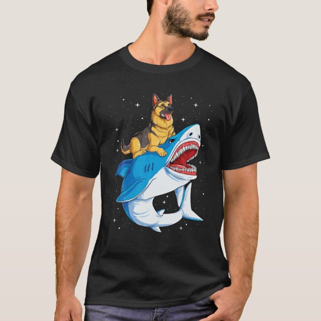 German Shepherd Riding Shark Jawsome Dog Lover Gif T-Shirt (Front)
