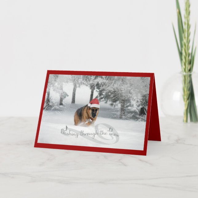 German Shepherd Running in Snow Holiday Greeting Card (Front)