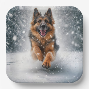 German Shepherd Running In Snow Paper Plate