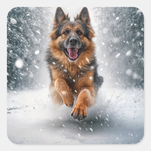 German Shepherd Running In Snow Square Sticker (Front)
