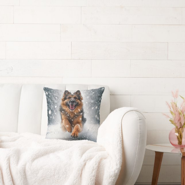 German Shepherd Running In Snow Throw Pillow (Couch)