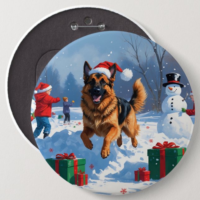 German Shepherd Running in Snow with Christmas Hat 6 Inch Round Button (Front & Back)