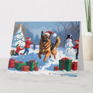 German Shepherd Running in Snow with Christmas Hat Card