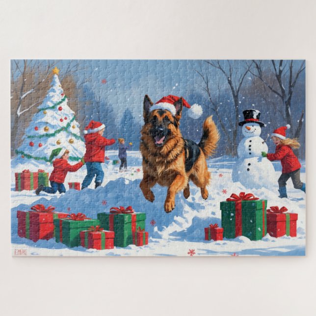German Shepherd Running in Snow with Christmas Hat Jigsaw Puzzle (Horizontal)