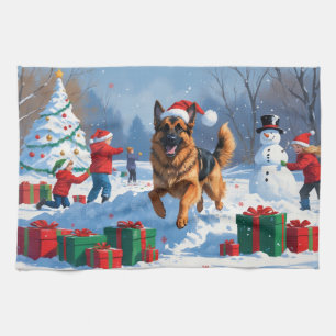 German Shepherd Running in Snow with Christmas Hat Kitchen Towel