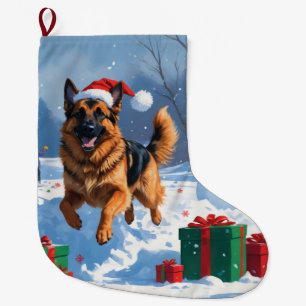 German Shepherd Running in Snow with Christmas Hat Large Christmas Stocking