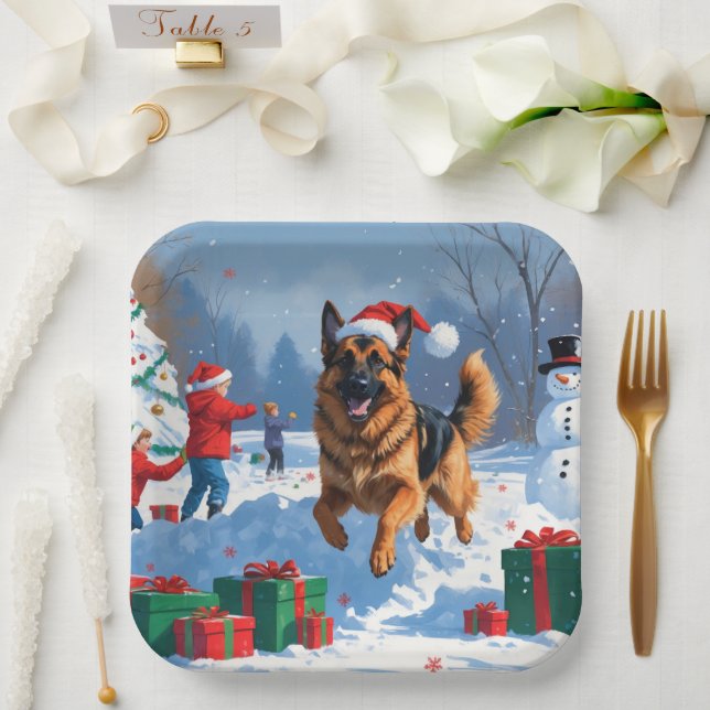 German Shepherd Running in Snow with Christmas Hat Paper Plate (Wedding)