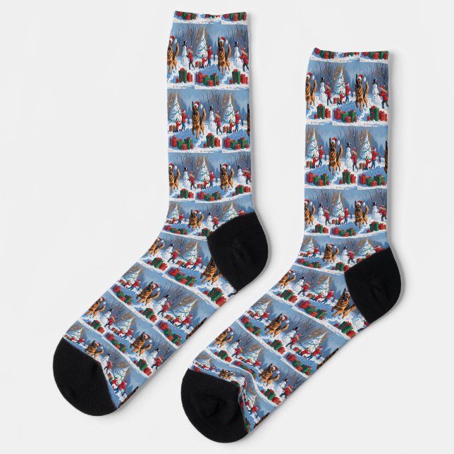 German Shepherd Running in Snow with Christmas Hat Socks (Left)