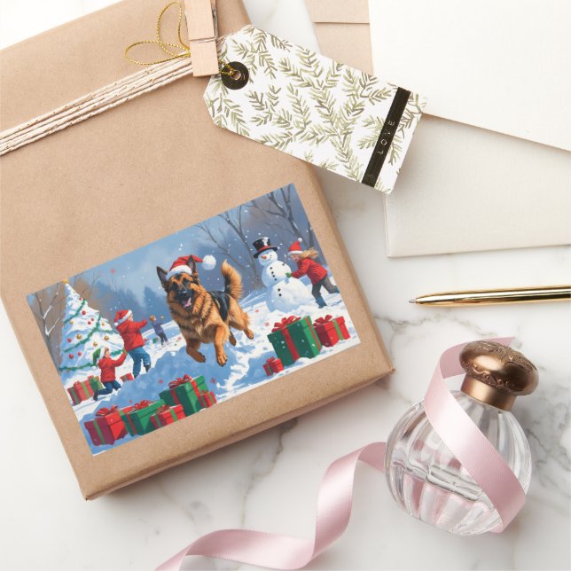 German Shepherd Running in Snow with Christmas Hat Sticker (Gifting)