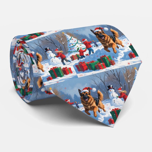 German Shepherd Running in Snow with Christmas Hat Tie (Rolled)