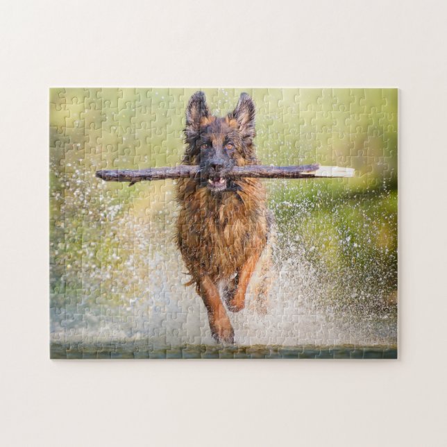 German Shepherd Running with Stick Jigsaw Puzzle (Horizontal)