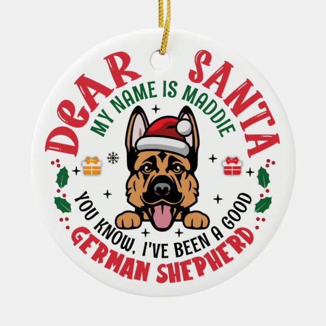 German Shepherd Santa Christmas Custom Name Ceramic Ornament (Front)