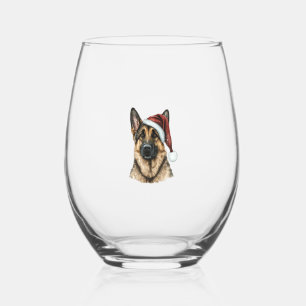 German Shepherd Santa Claus Dog Christmas Stemless Wine Glass