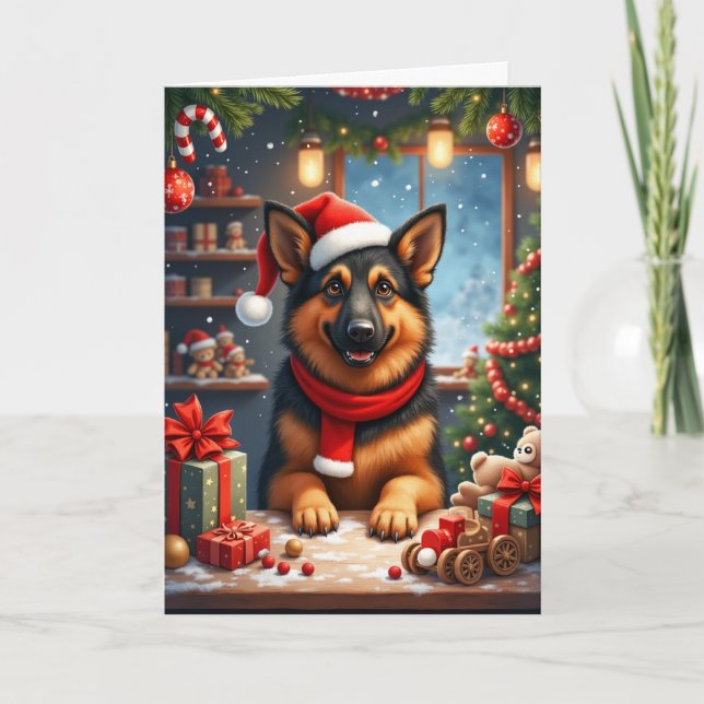 German Shepherd Santa's Workshop Christmas Holiday Card (Front)