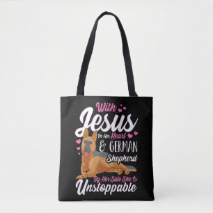 German Shepherd Shirts For Women With Jesus In Her Tote Bag