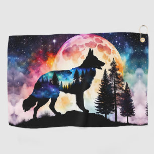 German Shepherd Silhouette on the Mountain Moon  Golf Towel