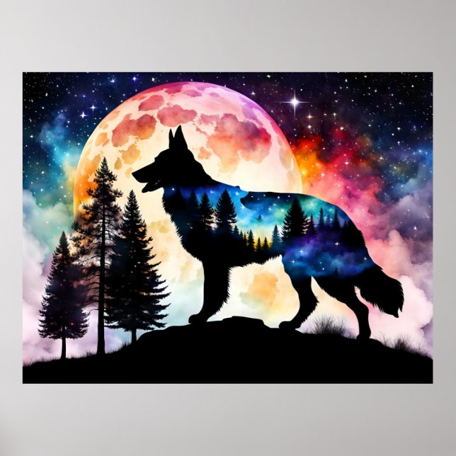 German Shepherd Silhouette on the Mountain Moon  Poster (Front)