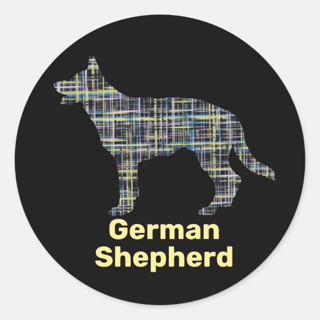 German Shepherd Silhouette Yellow&Black Grid Classic Round Sticker (Front)