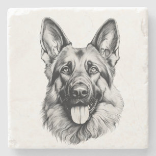 German Shepherd Sketch Stone Coaster   B&W