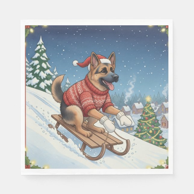 German Shepherd Sledding, Christmas Napkins (Front)