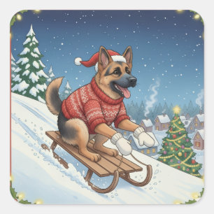 German Shepherd Sledding, Christmas Stickers
