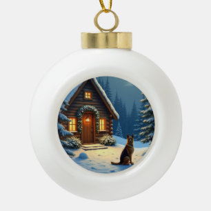 German Shepherd Snowy Forest Cabin Christmas Paint Ceramic Ball Christmas Ornament