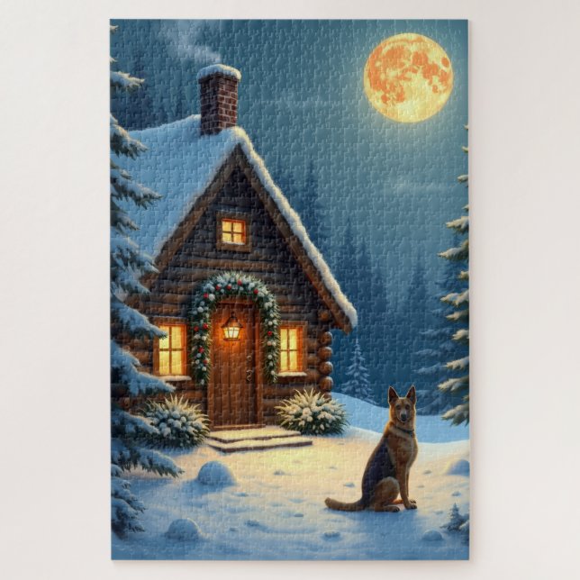 German Shepherd Snowy Forest Cabin Christmas Paint Jigsaw Puzzle (Vertical)