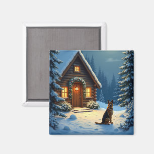 German Shepherd Snowy Forest Cabin Christmas Paint Magnet