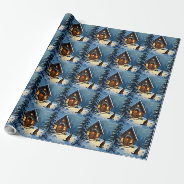 German Shepherd Snowy Forest Cabin Christmas Paint Wrapping Paper (Unrolled)