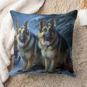 German Shepherd Snowy Sleigh Christmas Decor   Throw Pillow